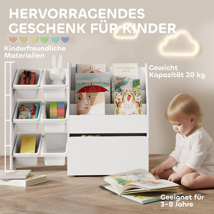 AIYAPLAY Kinderregal, Kinder-Bücherregal mit 6 herausnehmbaren Aufbewahrungsboxen, Bücherablagen, ro