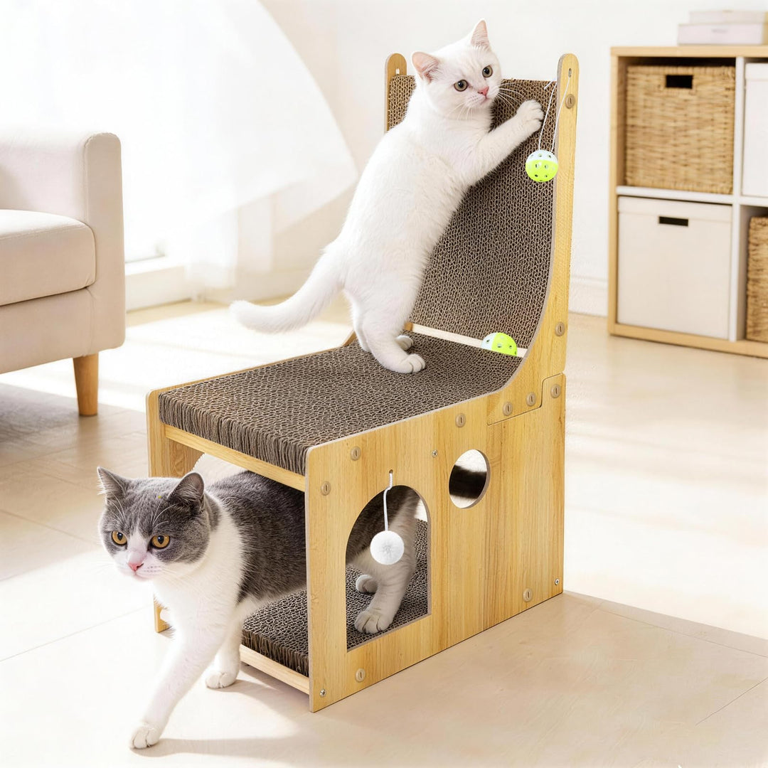 Kratzbrett Katzen, 65cm Doppelschicht L förmige Kratzpappe für Katzen mit 5 Ballspielzeuge, Multifun