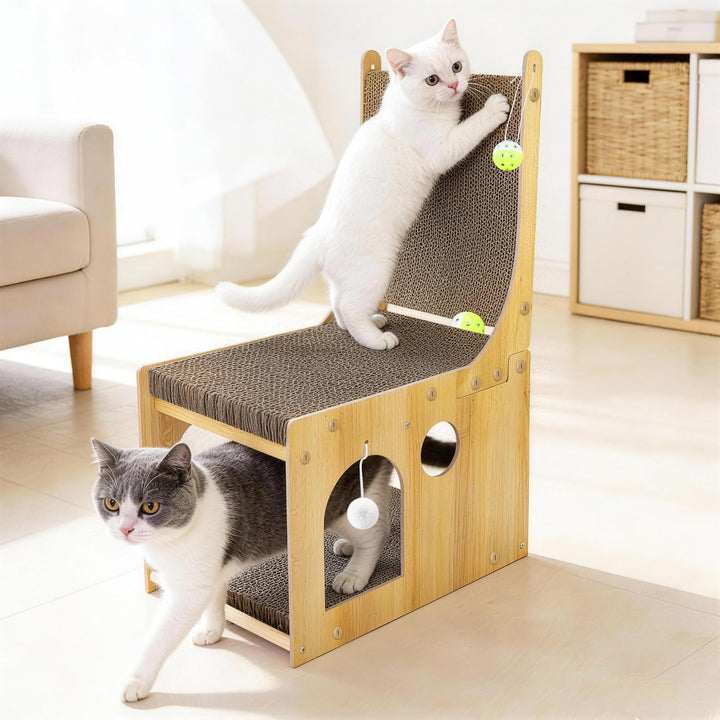 Kratzbrett Katzen, 65cm Doppelschicht L förmige Kratzpappe für Katzen mit 5 Ballspielzeuge, Multifun