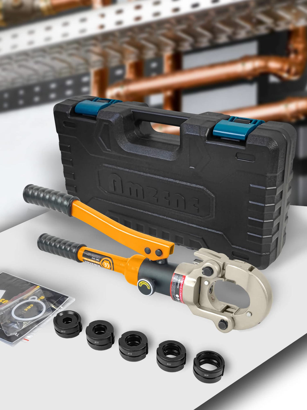 AMZCNC Profi Presszange M-Kontur 12-15-18-22-28 Set Presswerkzeug mit 360° drehbarem Kopf,für Kupfer