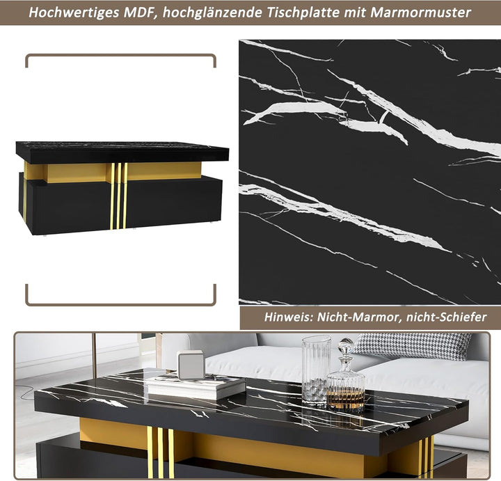 Merax Couchtisch Hochglanz Wohnzimmertisch mit 2 Schubladen, Moderner rechteckiger Kaffeetisch Sofat