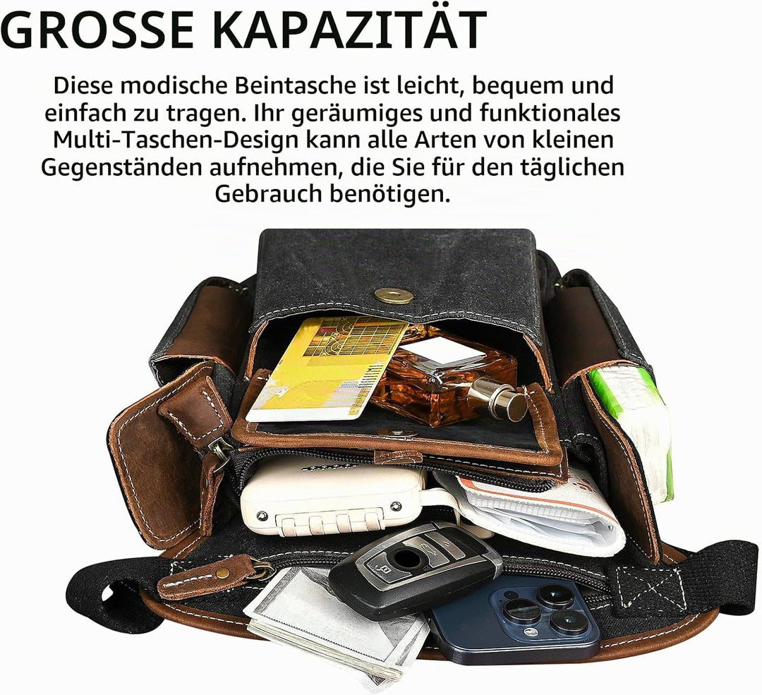 Herren Canvas + Leder Motorrad Reiten Tasche Beinbeutel Beintasche Aussenbeintasche Hüfttasche Drop