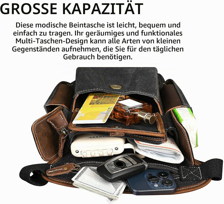 Herren Canvas + Leder Motorrad Reiten Tasche Beinbeutel Beintasche Aussenbeintasche Hüfttasche Drop