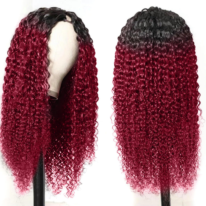 Curly V Part Wig Human Hair Burgundy Echthaar Perücke Real Hair Wig Red V Part Real Lockiges Menschl