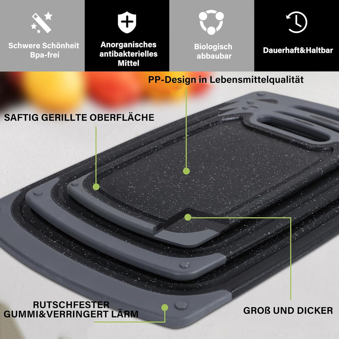 Schneidebrett-Set, Küchen-Schneidebretter mit rutschfesten Füssen und tiefer Saftrille, BPA-freie Ku