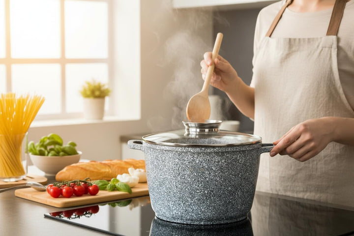 Topf 6,2 L - Robuster Kochtopf mit Deckel mit Aroma-Knopf - Marmorbeschichtung und Keramikbeschichtu
