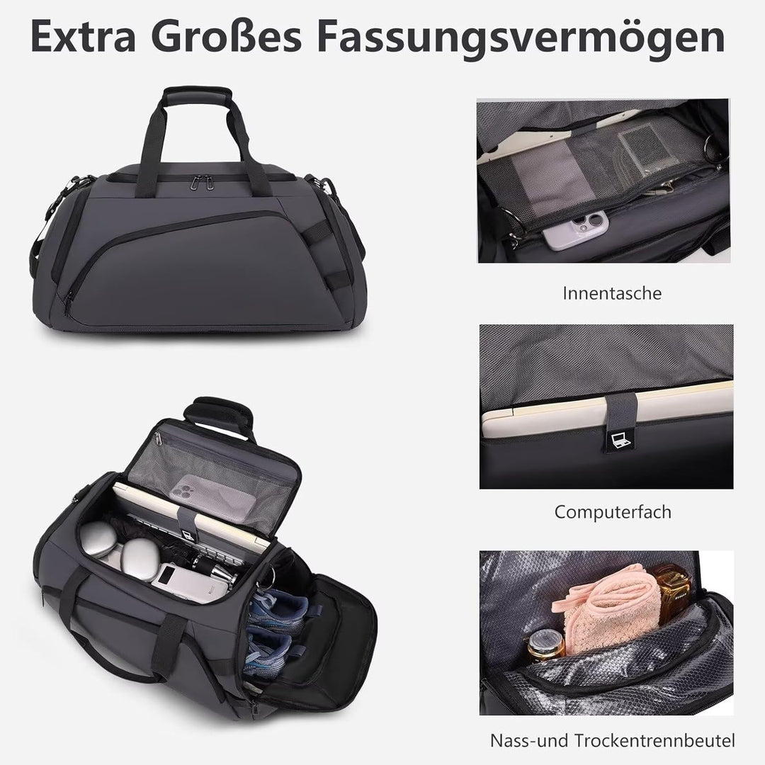 Sporttasche Herren mit Schuhfach Nassfach Gross 40L Reisetasche Rucksack Grau Duffel Fitness Bag Tra