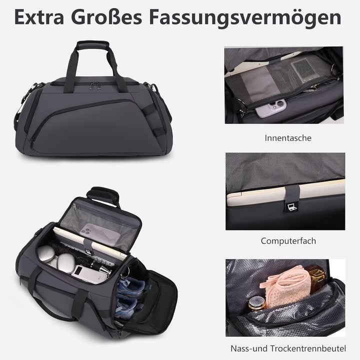 Sporttasche Herren mit Schuhfach Nassfach Gross 40L Reisetasche Rucksack Grau Duffel Fitness Bag Tra