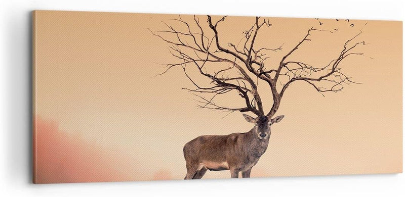 Panorama Bilder auf Leinwand 100x40cm Leinwandbild Hirsch Baum Nebel Wald Gross Wanddeko Bild Schlaf