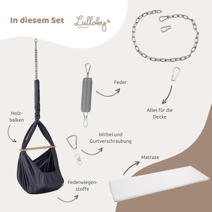 elvent® Lullaby Federwiege Set mit Matratze, Baumwolle, Made in Germany (Baby Hängewiege mit Deckenb