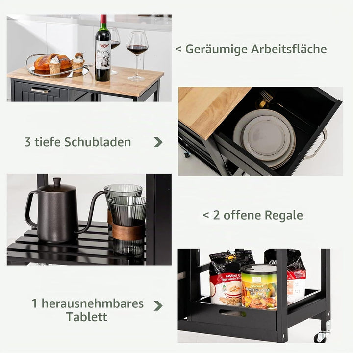 KOMFOTTEU Küchenwagen, vierstöckiger Küchenschrank mit Arbeitsplatte, 3 Schubladen und Lagerregal, S