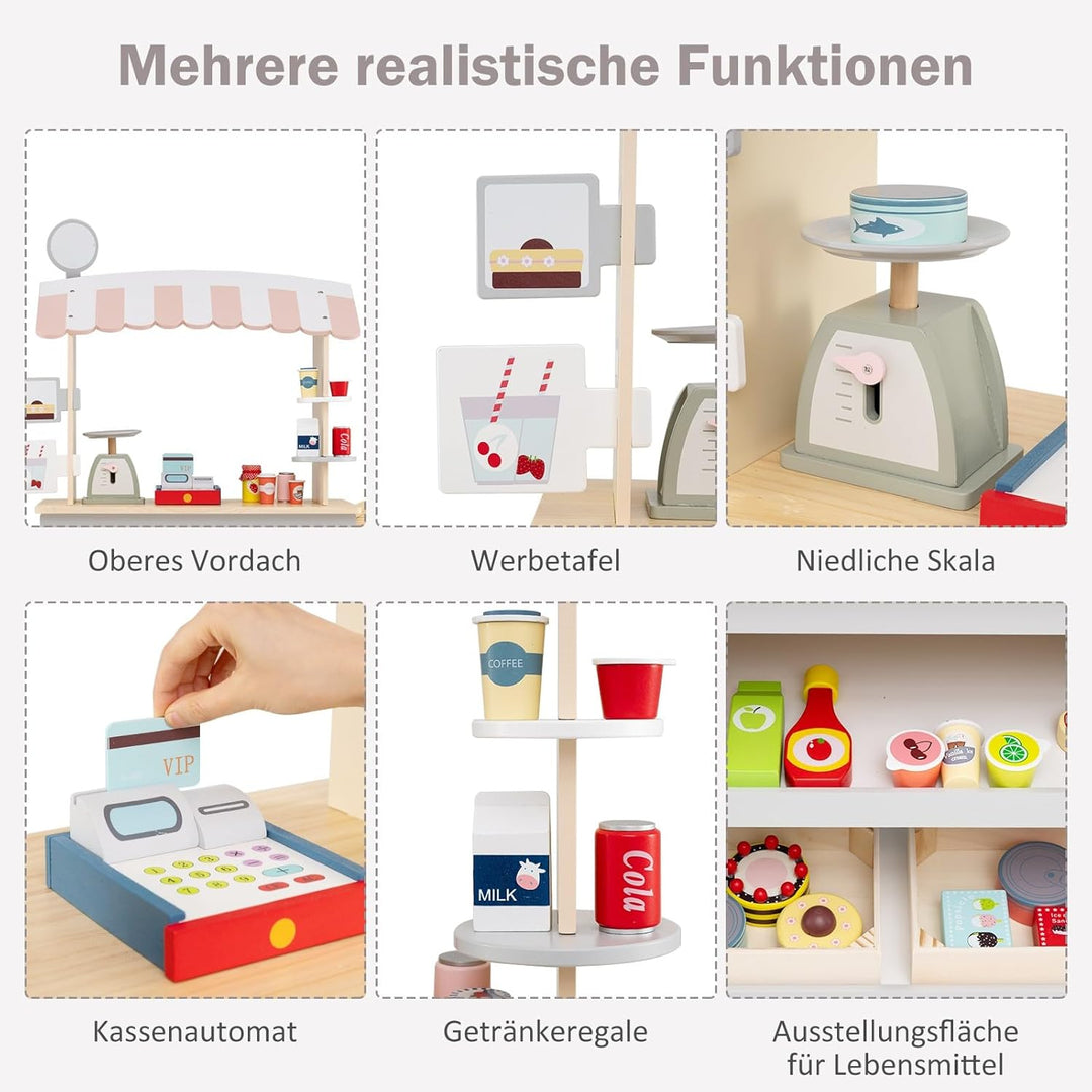 COSTWAY Kaufladen Kinder, Kaufmannsladen Holz mit 2 Ablagen, Schiebegriff & Zubehör, Einkaufsladen a