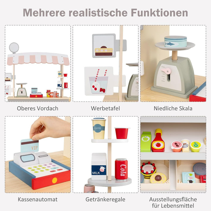 COSTWAY Kaufladen Kinder, Kaufmannsladen Holz mit 2 Ablagen, Schiebegriff & Zubehör, Einkaufsladen a