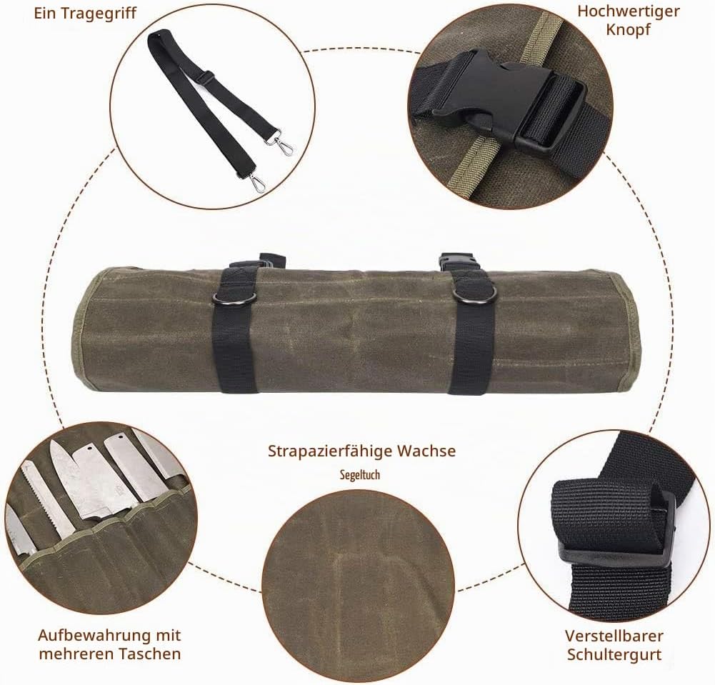 QEES Kochmesser Rolltasche 11 Slots, Messertasche für Camping, Wandern, Multifunktions-Werkzeugrollt
