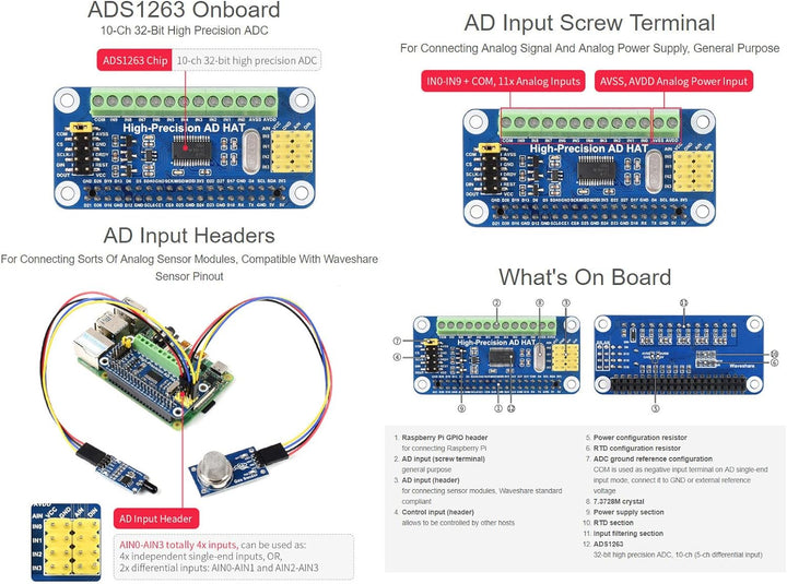 Waveshare High-Precision AD HAT for Raspberry Pi/Jetson Nano with ADS1263 Onboard 10-Ch 32-Bit Suppo