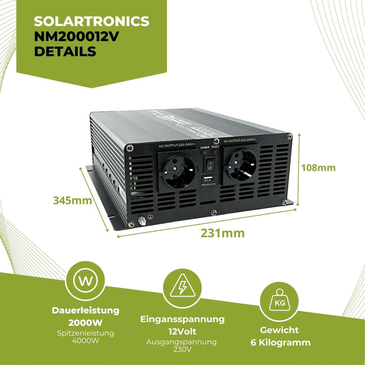 solartronics Spannungswandler Wechselrichter Intverter NM 2000-4000 Watt 12V zu 230V schwarz USB Sch