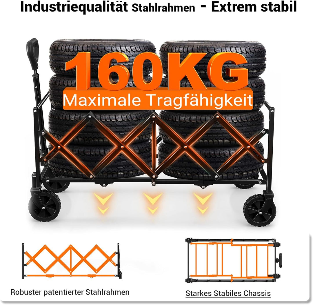 BTTN 120L Klappbarer Bollerwagen, 160kg (350LBS) Traglast Handwagen Faltbar mit Leisen Rädern, Bolle
