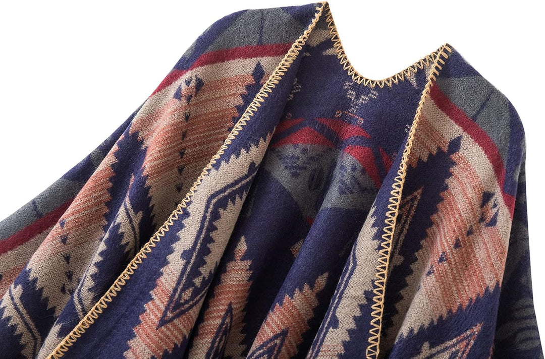 Damen Vintage Farbblocking Schal Wrap Open Front Poncho Übergrosse Winterdecke Elegant Cape Coat Ein