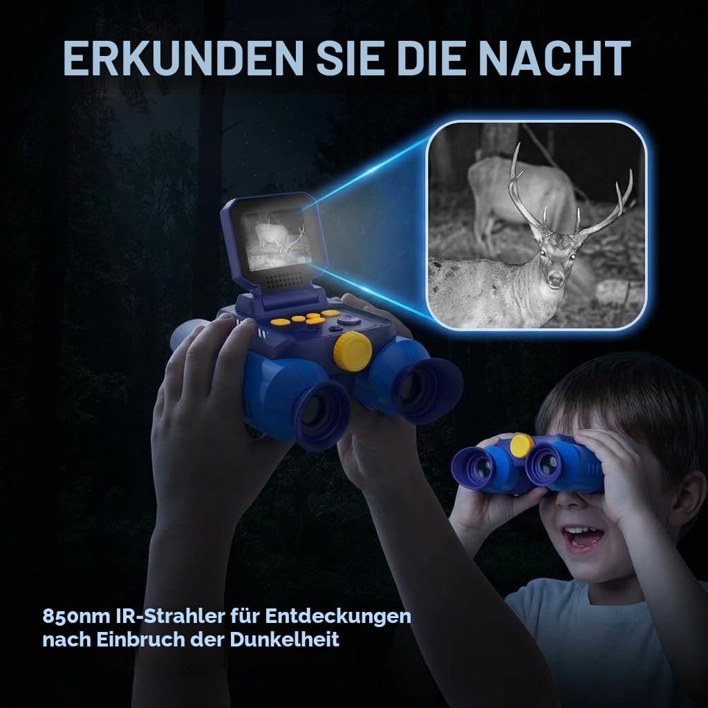 Kinder Fernglas 10x Zoom mit Kamera &amp; Nachtsicht – Blau | 25mm Okular, 2,4" Display, 48MP Fotos, 108
