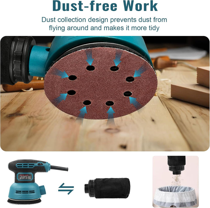 Exzenterschleifer 300W, 6 Geschwindigkeiten 12.000 U/min, Staubsammeldesign, 125mm Eccentric Sander
