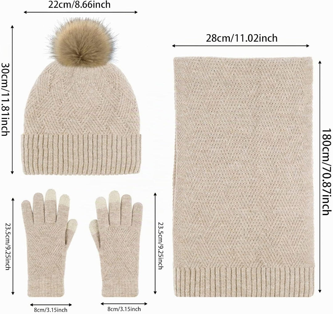 Damen Bommelmütze, Schals, Handschuhe, Set, Thermo, Winter, warm, Strickmütze, Halswärmer und Touchs