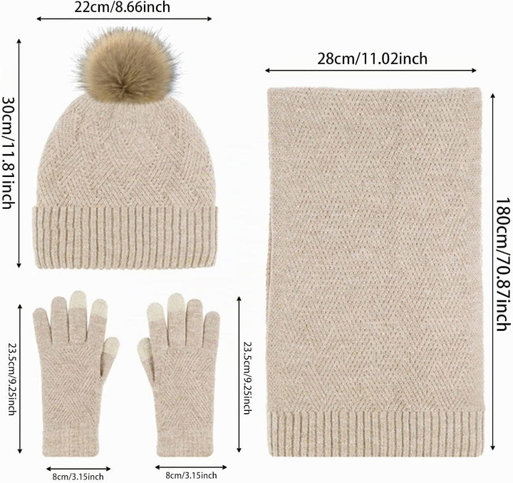 Damen Bommelmütze, Schals, Handschuhe, Set, Thermo, Winter, warm, Strickmütze, Halswärmer und Touchs