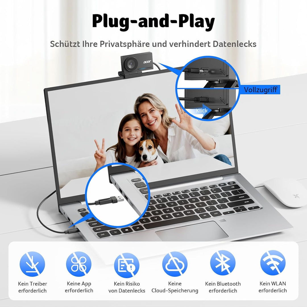 Acer 4K-Webcam für PC und Mac, Sony 1/2-Zoll-Sensor mit PDAF-Autofokus, 2 rauschunterdrückende Mikro