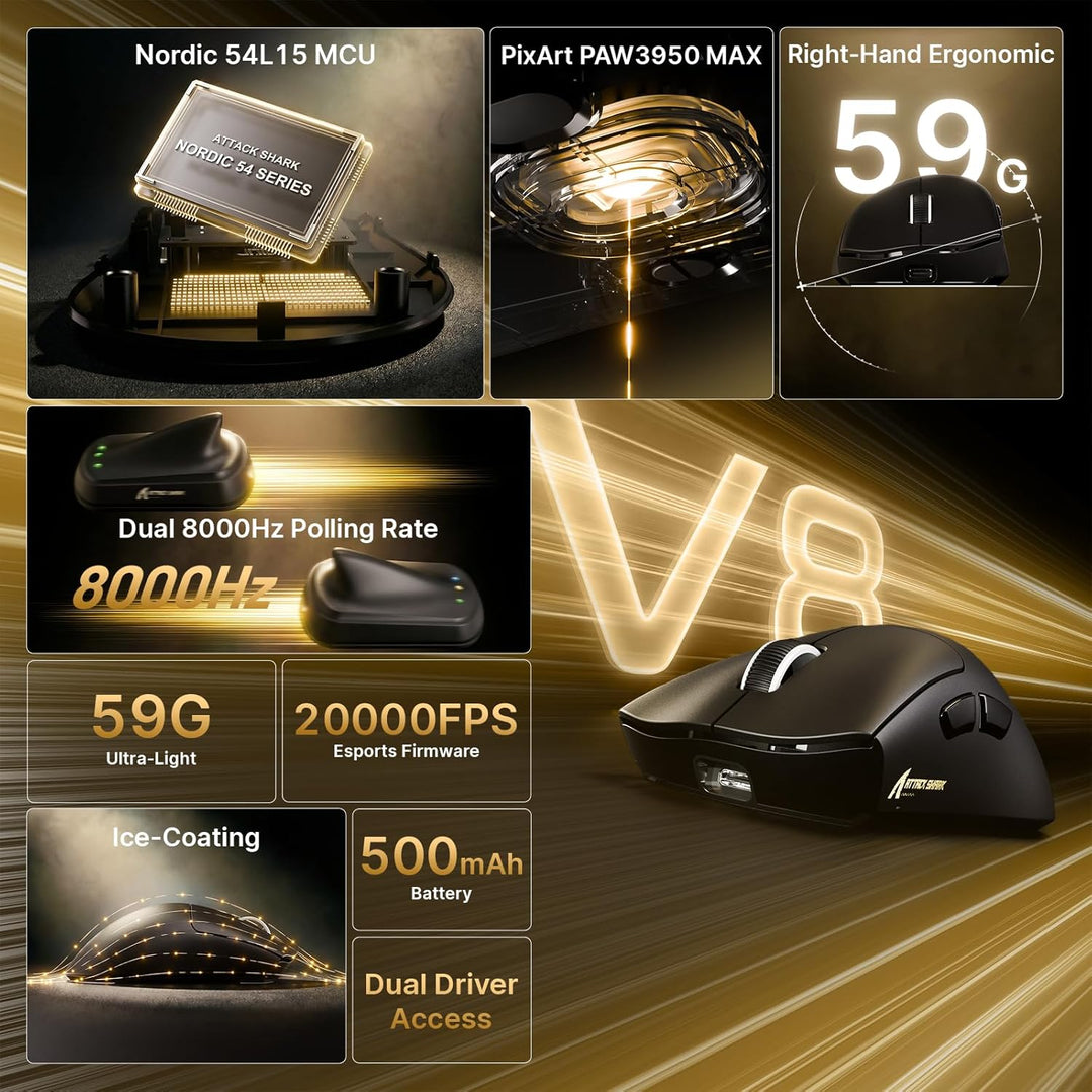 ATTACK SHARK V8 8000Hz Kabellose Gaming-Maus, Nordic 54L15 Chip, PAW3950MAX Sensor, 42000 DPI, 20000