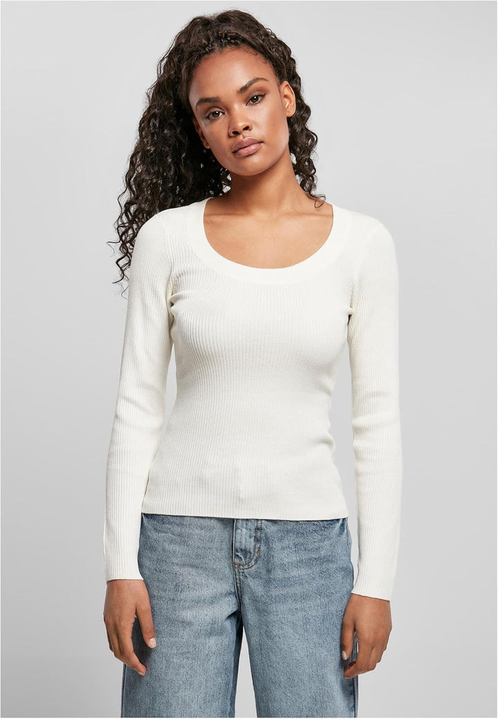 Urban Classics Damen Strickpullover Langarm mit weitem Ripp-Rundhalsausschnitt, leichtes Strick-Swea