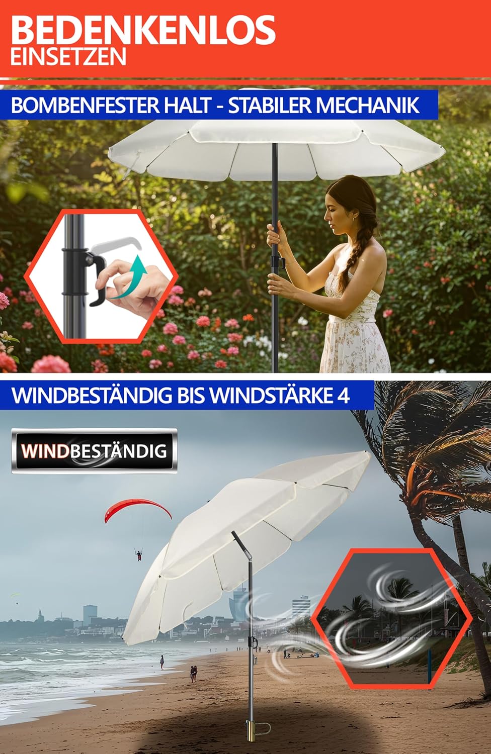 4smile Sonnenschirm Strand SunnyJoy Ø 160 cm, Beige – 3er Set inkl. Strandschirm windfest stabil, Ra