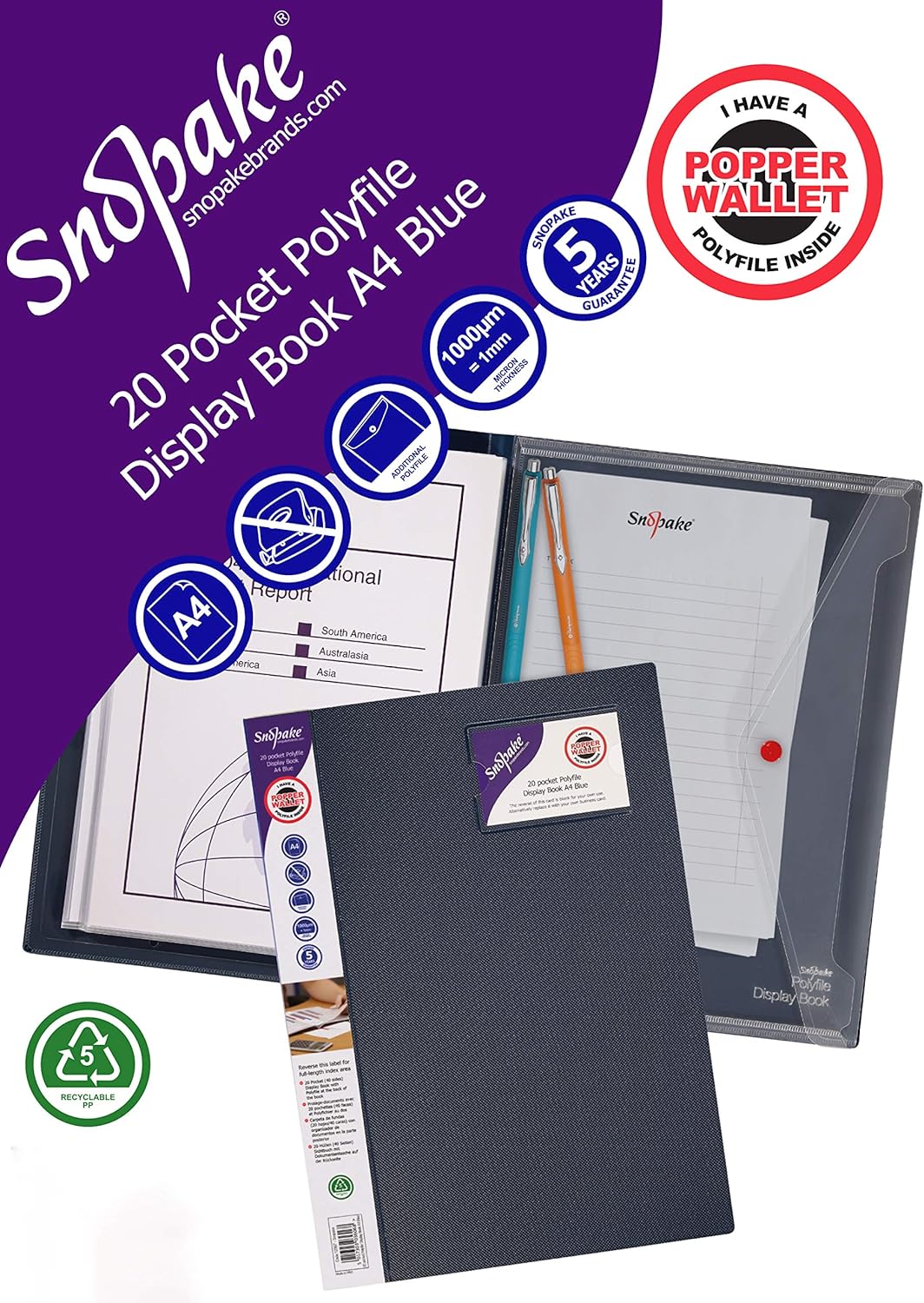 Snopake Sichtbuch A4, 20 Hüllen, Blau, 5 Stück, Ref: 12367, 5 Stück