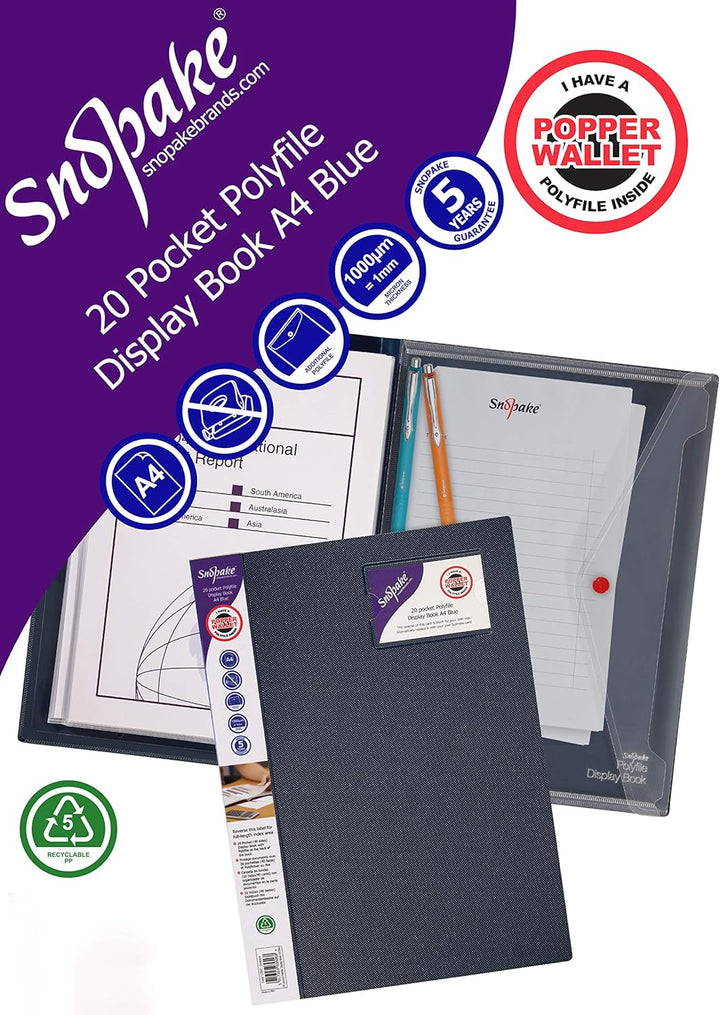Snopake Sichtbuch A4, 20 Hüllen, Blau, 5 Stück, Ref: 12367, 5 Stück