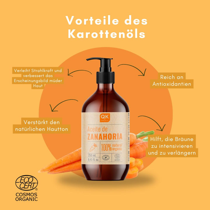 Qknatur – KAROTTENÖL 250 ml – 100% rein und natürlich – natürlicher Sonnenbräuner – spendet Feuchtig
