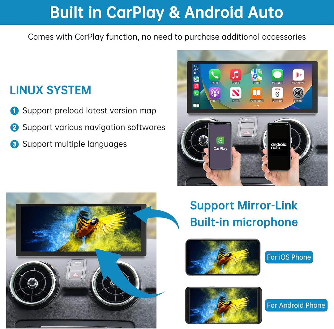 Autoradio 10,25 Zoll Touchscreen mit kabellosem Carplay &amp; Android Auto für 2012–2018 Audi A1 mit 3G