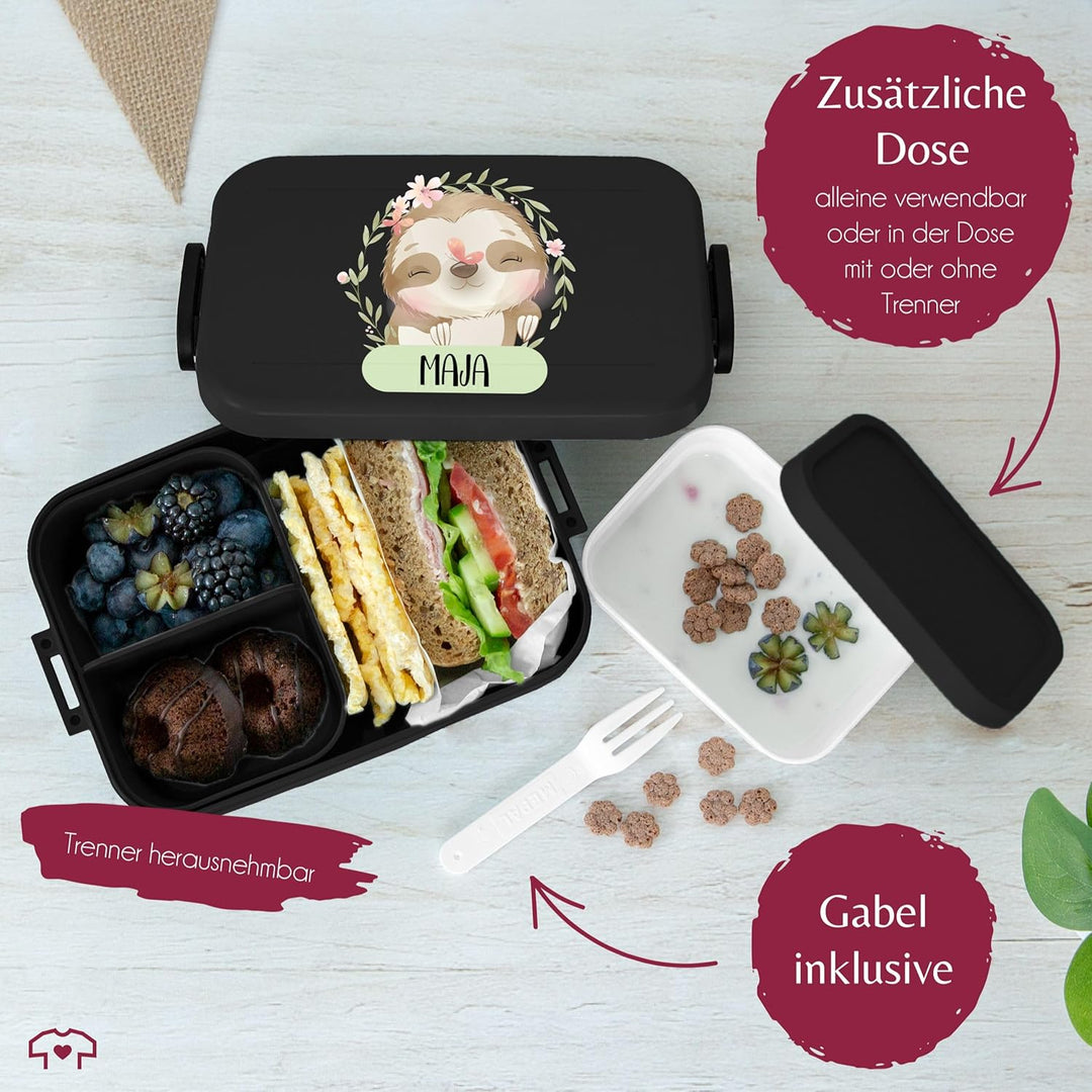 Kinder Bento Box Midi Lunchbox für Mepal Bentobox - Brotdose Faultier mit Name | Geschenk Einschulun