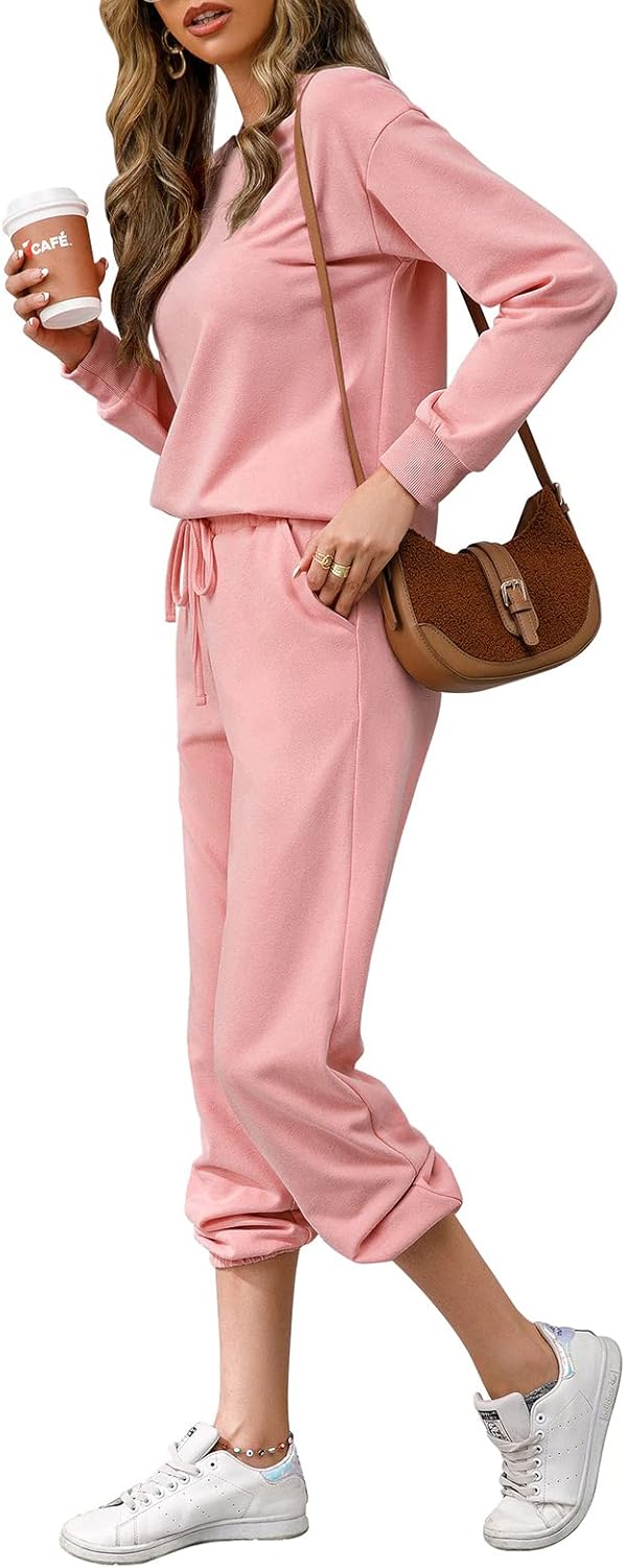 REORIA Damen Tracksuit Langarm Rundhalsausschnitt Einfarbig Zweiteiler Outfit Hoodie Jogger Training