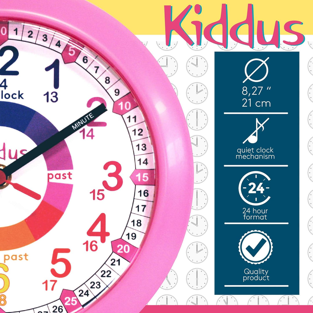 Kiddus Wanduhr für Kinder. Analoger Zeitlehrer mit Zeitlernübungen. Stilles Uhr. Viele Sprachen. Eng
