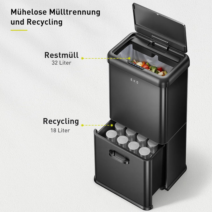 EKO Vintage 50L Mülleimer Sensor, Mülleimer 2 Fächer 32L + 18L, Edelstahl Küchenabfalleimer, Berühru