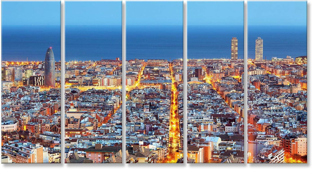 islandburner, Bild auf Leinwand Skyline von Barcelona, Luftaufnahme bei Nacht, Spanien Wandbild Post