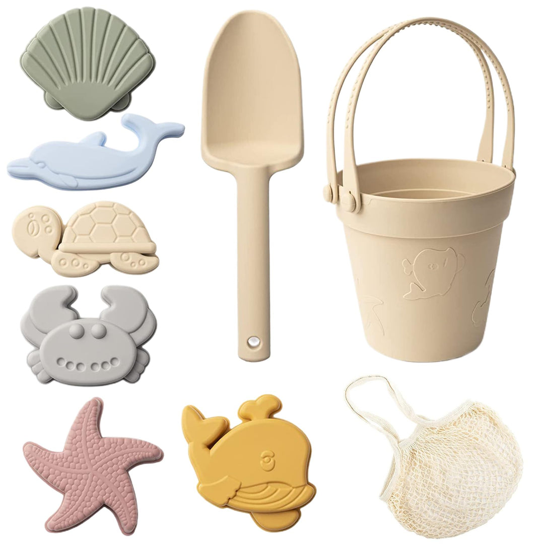 Sandspielzeug für Kinder, 8 Stück, sicheres Silikon-Strandspielzeug mit Schaufel, Eimer und Sandform