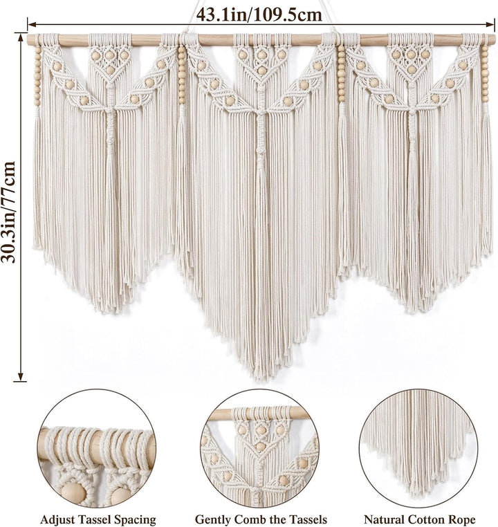 Dremisland Makramee Wandbehang Boho Holzperlen Wandteppich Beige Wanddeko, Beige