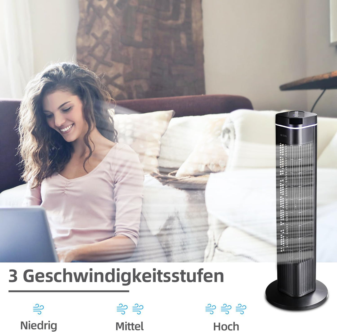 Be Cool Turmventilator 73cm mit Fernbedienung BC29STTFD – 73 cm, 50 Watt, 3 Windmodi, 8 Std. Timer,