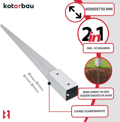 KOTARBAU® 2er Set Einschlagbodenhülse 61 x 61 mm Länge 750 mm Feuerverzinkt Pfostenträger Stahl Eins