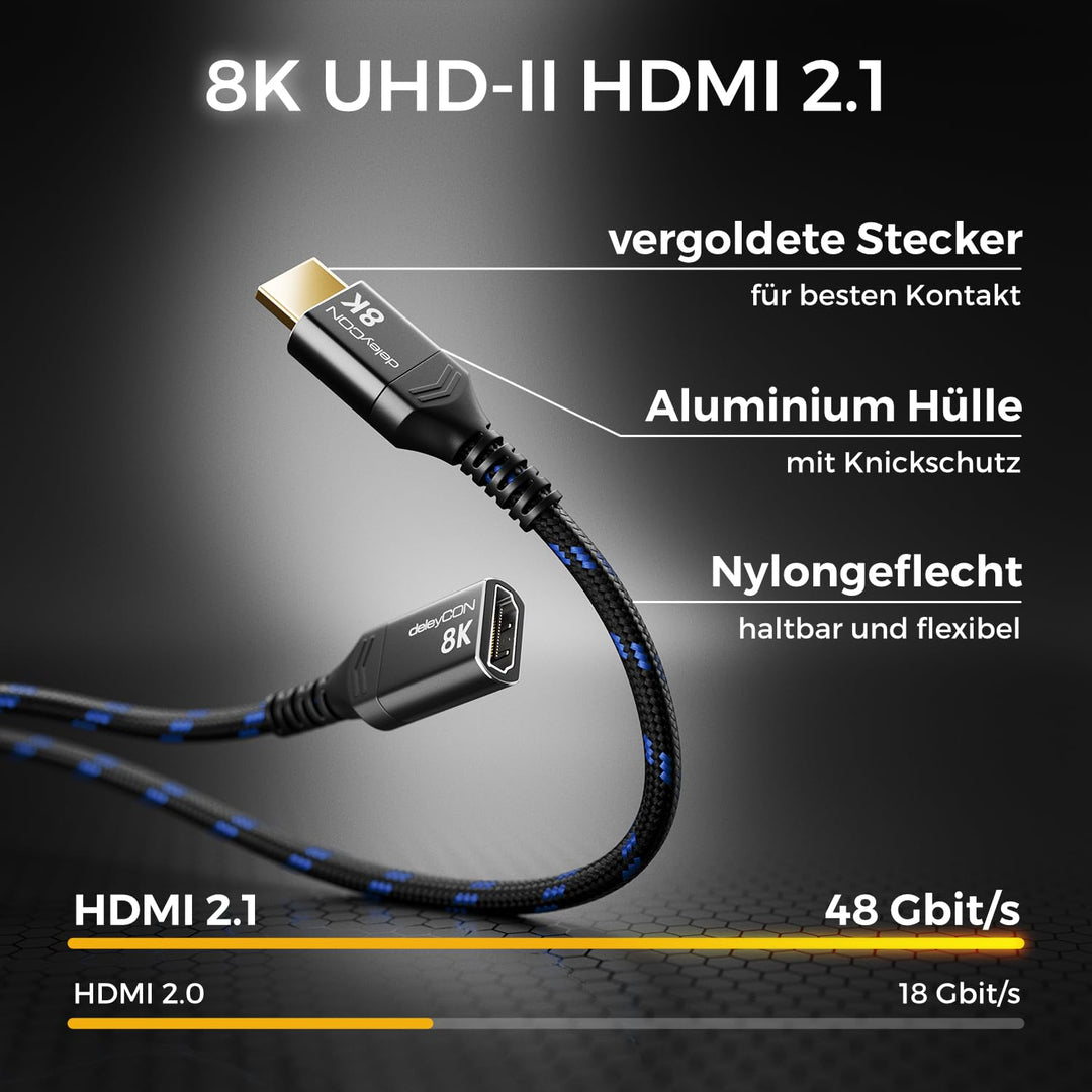deleyCON 5m 8K HDMI 2.1 Verlängerungskabel - für TV, Monitor, PS4, PS5, Xbox, Dolby Atmos Soundbar e