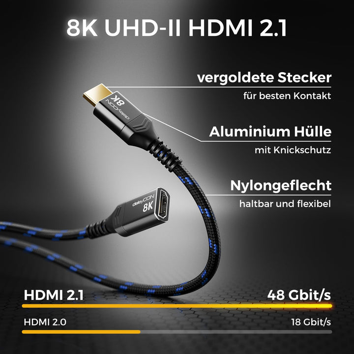 deleyCON 5m 8K HDMI 2.1 Verlängerungskabel - für TV, Monitor, PS4, PS5, Xbox, Dolby Atmos Soundbar e