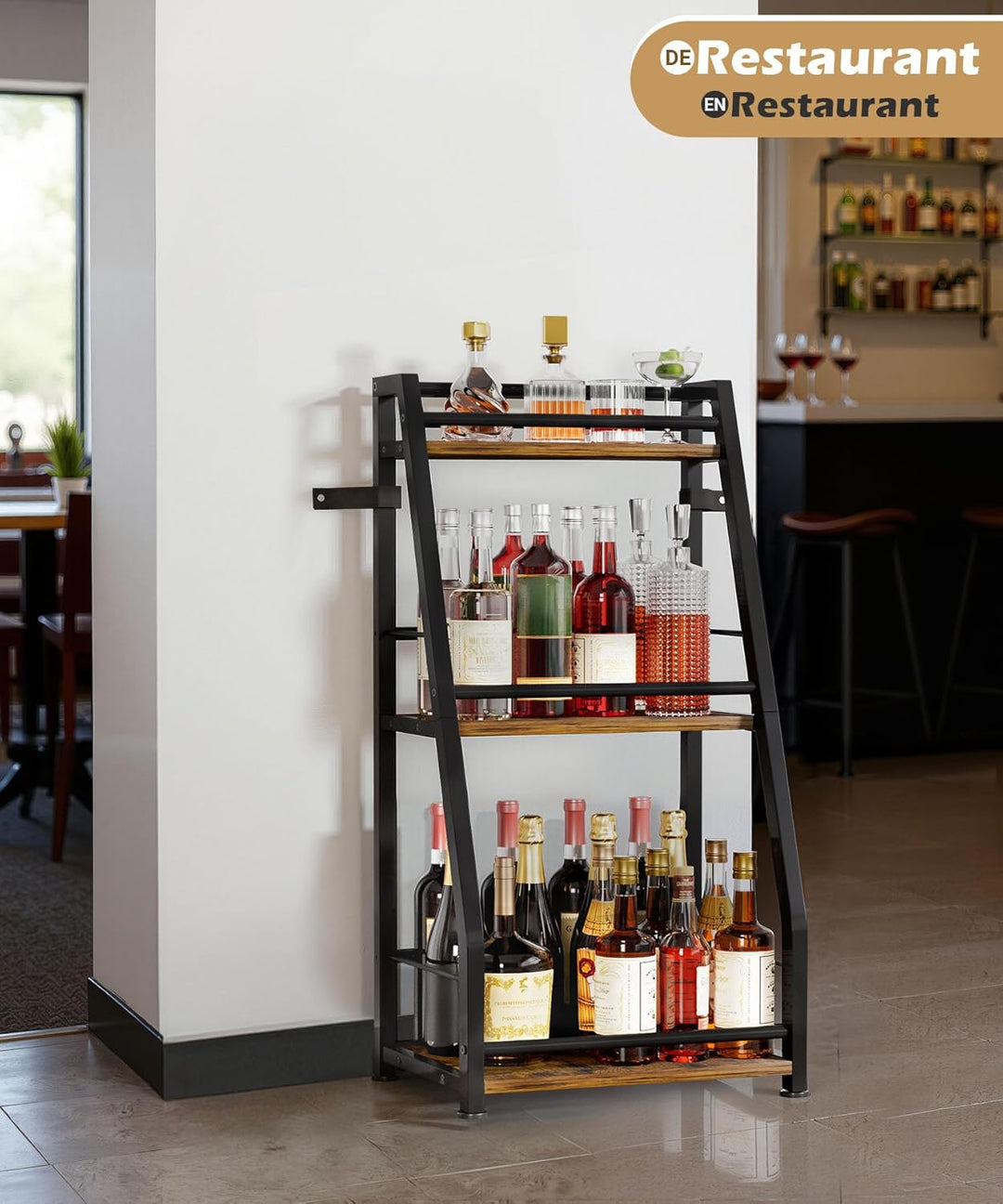 Yorbay 3-Stöckiges Freistehendes Weinregal mit Geländer: Modern Metall-Holz Flaschenregal für Wein u