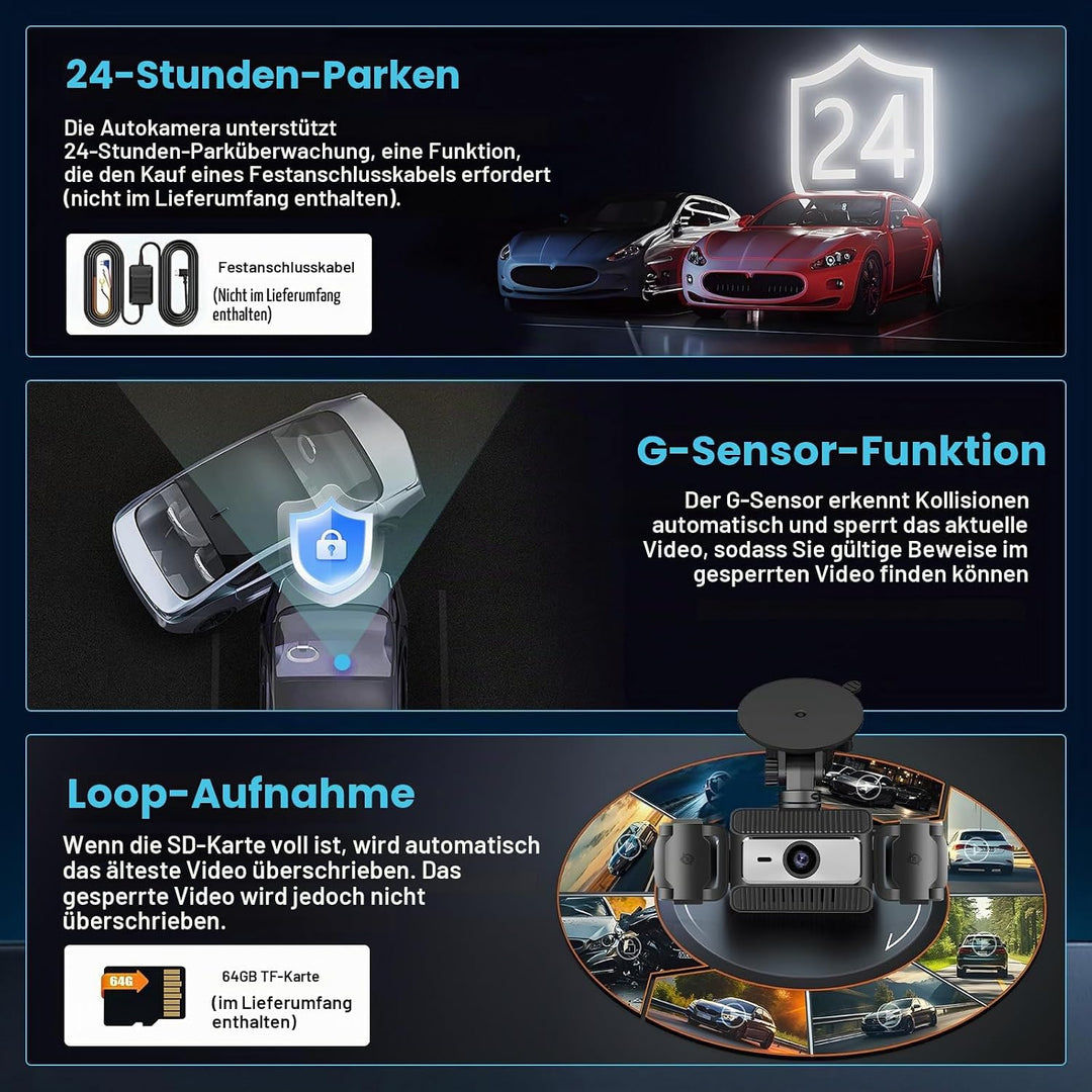 4 Kanal Dashcam Auto, 360 Grad Dashcam FHD 1080P Vorne Hinten Innen Links und Rechts mit 64GB SD Kar