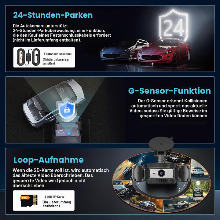 4 Kanal Dashcam Auto, 360 Grad Dashcam FHD 1080P Vorne Hinten Innen Links und Rechts mit 64GB SD Kar