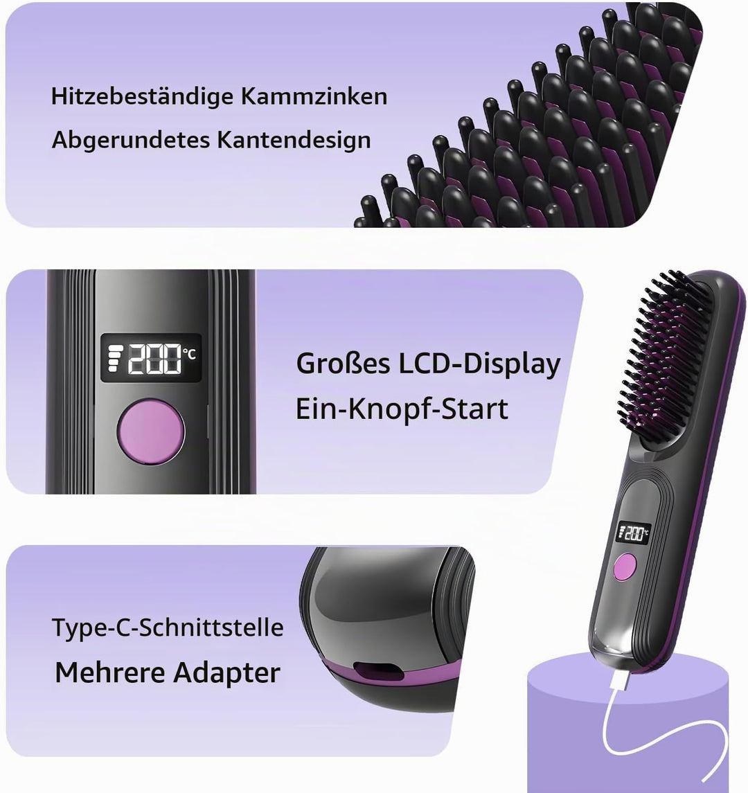 Kabellose Glättbürste, 3D Tragbare Mini-Haarglätterbürste, 140-200℃ 4 Temperatureinstellungen, Negat