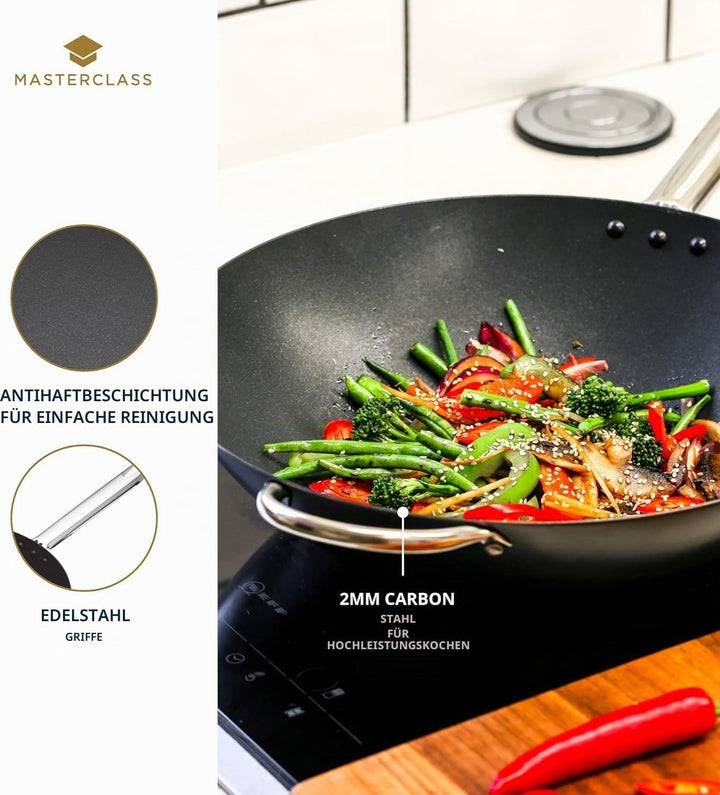 MasterClass Wok Carbon, antihaftversiegelt, Karbonstahl, Wokpfanne 8 Liter, 35,5 cm (14"), schwarz 3